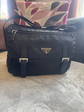 Prada Black Nylon Messenger bag/ shoulder Bag with Silver Hardware